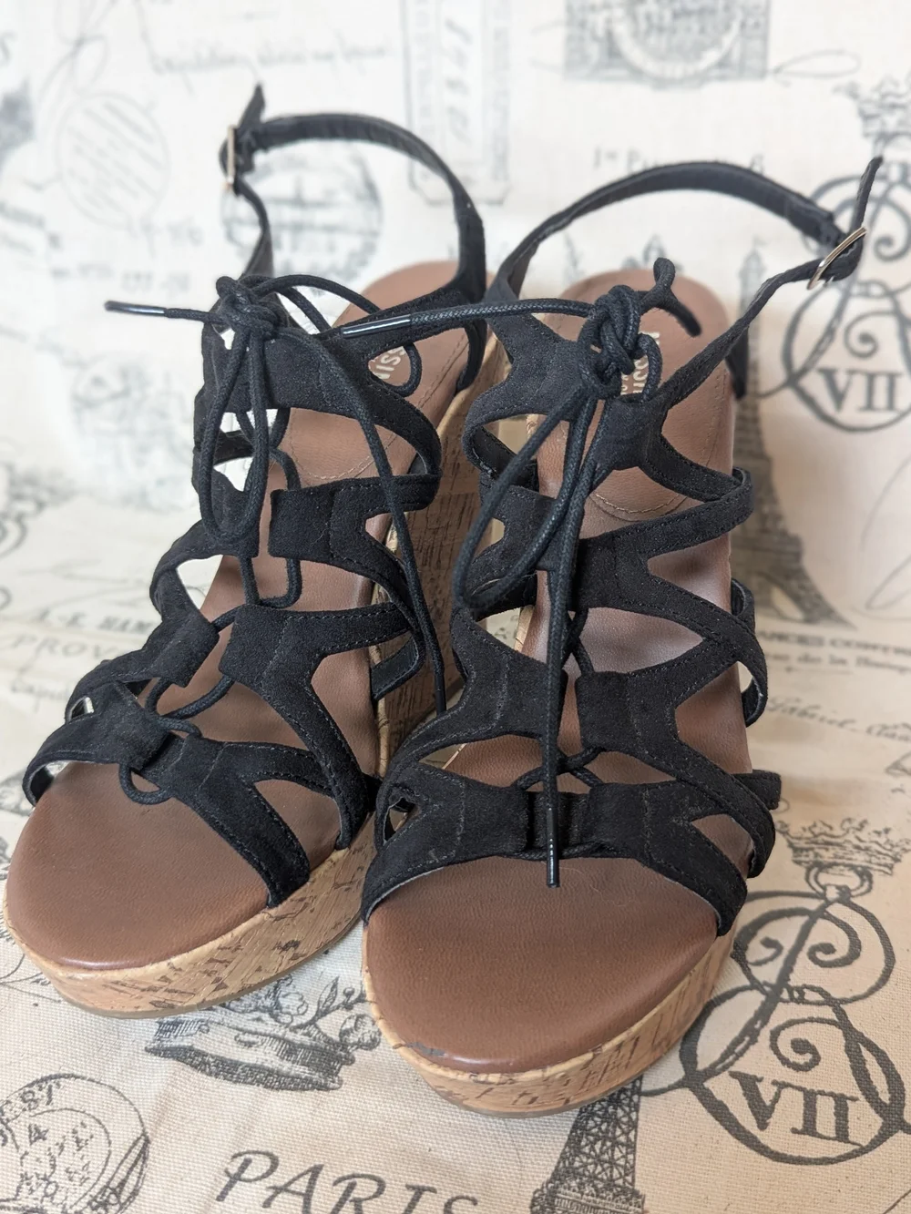 Mossimo Supply Co. Black Lace-Up Cork Wedge Sandals Size 8.5